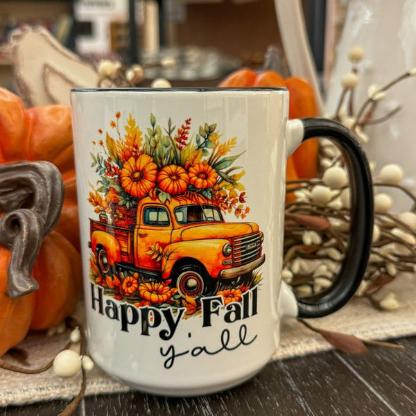 Happy Fall Y'all Mug available at Quilted Cabin Home Decor.