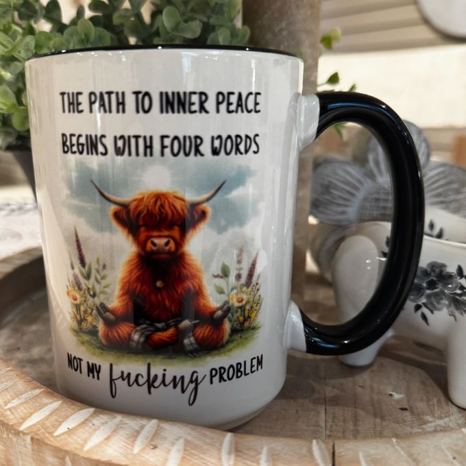 Inner Peace Highland Cow Mug available at Quilted Cabin Home Decor.