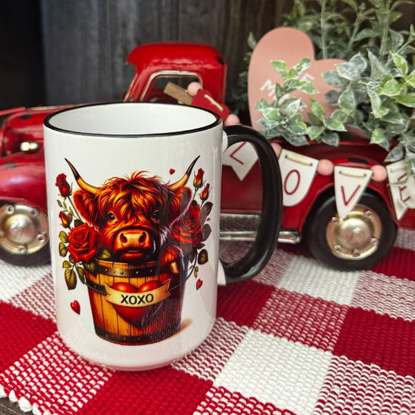 Highland Cow with Valentine Hearts & Roses Mug available at Quilted Cabin Home Decor.