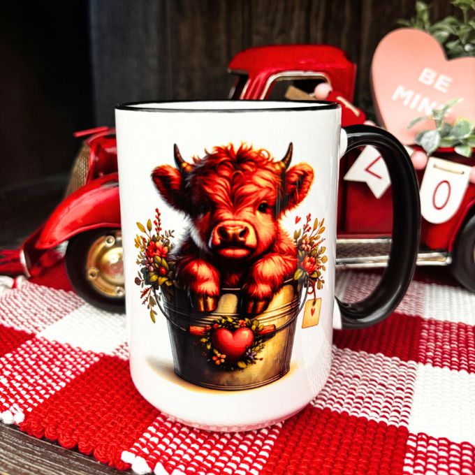 Baby Highland Cow with Valentine Heart Mug available at Quilted Cabin Home Decor.