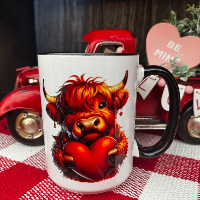 Baby Highland Cow Holding a Heart Mug available at Quilted Cabin Home Decor.