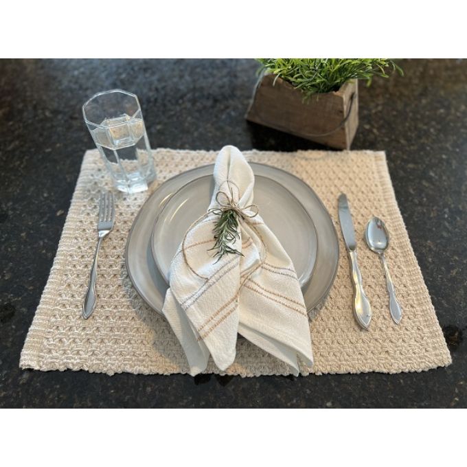 Cottage Weave Cream Placemats and Table Runners available at Quilted Cabin Home Decor.