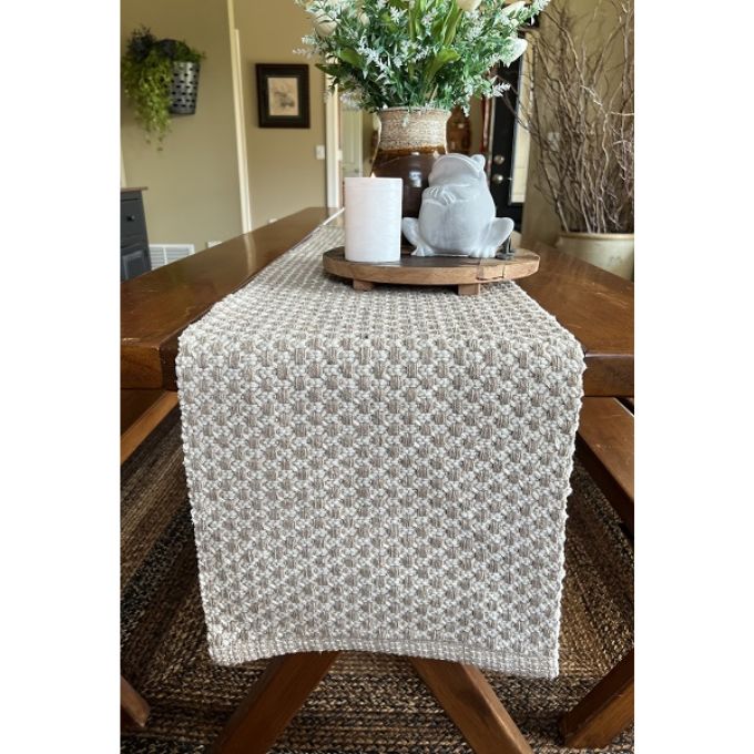 Cottage Weave Tan and Cream Placemats and Table Runners available at Quilted Cabin Home Decor