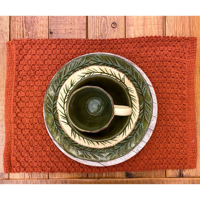 Cottage Weave Rust Placemats and Table Runners available at Quilted Cabin Home Decor.