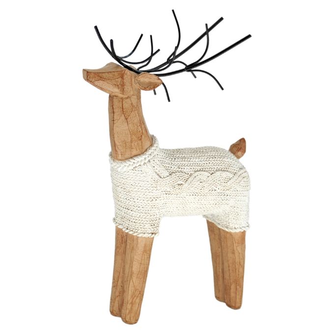 One resin standing deer figurine wearing a white cable knit sweaters is shown.  Available at Quilted Cabin Home Decor.