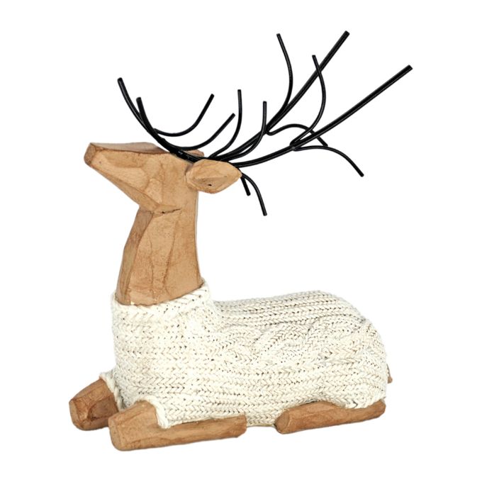 One resin sitting deer figurine wearing a white cable knit sweaters is shown.  Available at Quilted Cabin Home Decor.