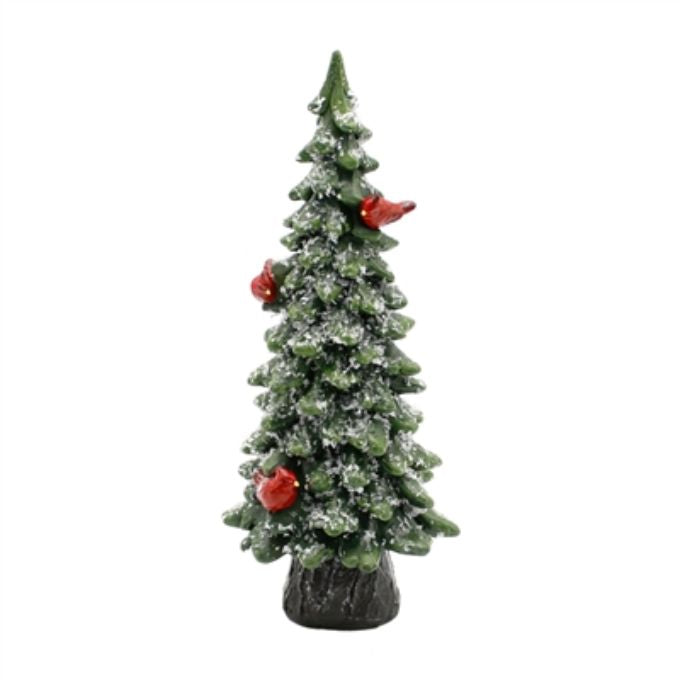 A green frosty evergreen tree figurine with red cardinals on it available at Quilted Cabin Home Decor.