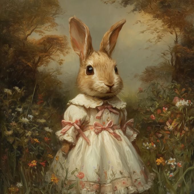 Framed artwork of a rabbit in a dress standing in a garden setting available at Rustic Ranch Furniture in Airdrie