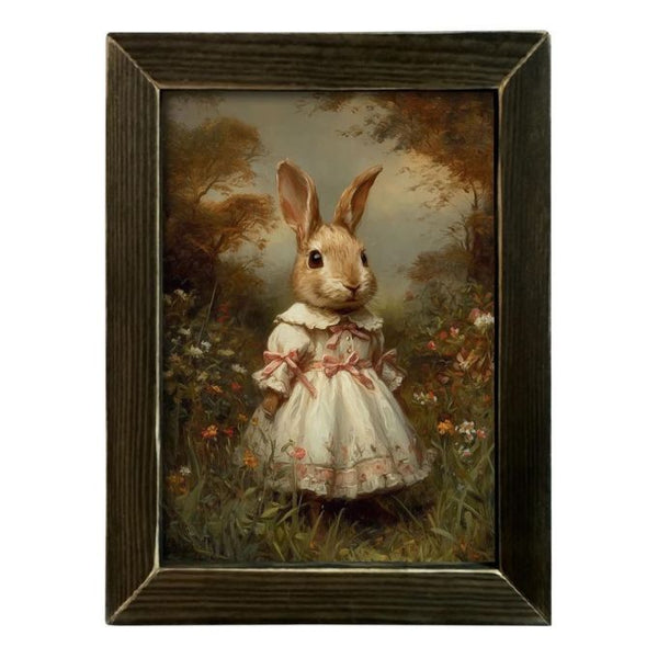 Framed artwork of a rabbit in a dress standing in a garden setting available at Rustic Ranch Furniture in Airdrie
