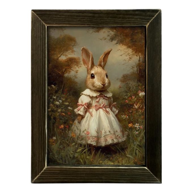 Framed artwork of a rabbit in a dress standing in a garden setting available at Rustic Ranch Furniture in Airdrie