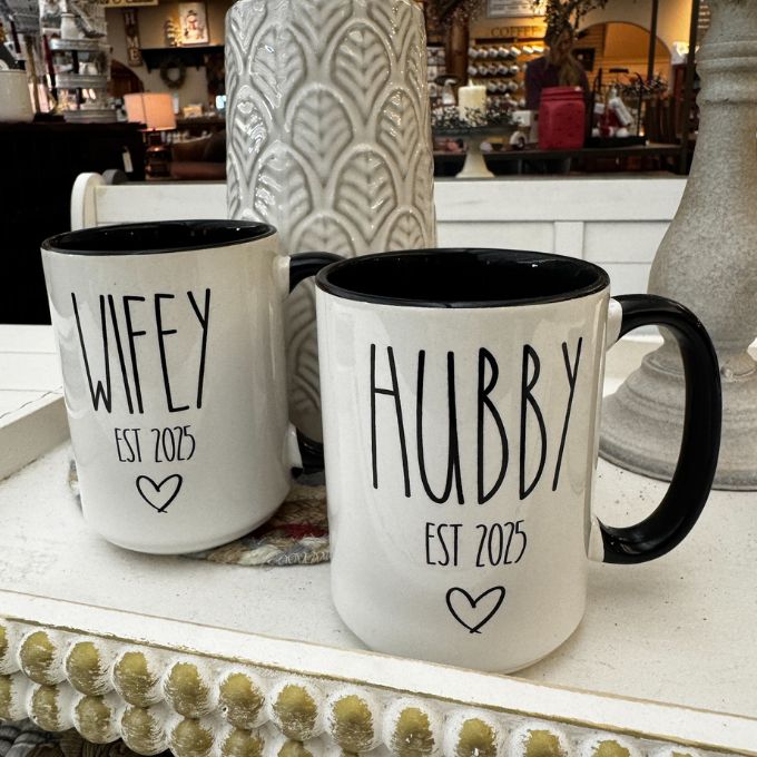 Wifey and Hubby Mugs - Personalized Year and Name available at Quilted Cabin Home Decor.