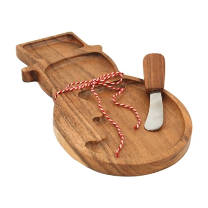 Wooden cheese board shaped as a snowman comes with a wooden handled knife. Available at Quilted Cabin Home Decor.