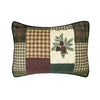 Patchwork pillow with plaid patterns and a pine cone design on a white background. Pine Panels King Quilt Set available at Quilted Cabin Home Decor.