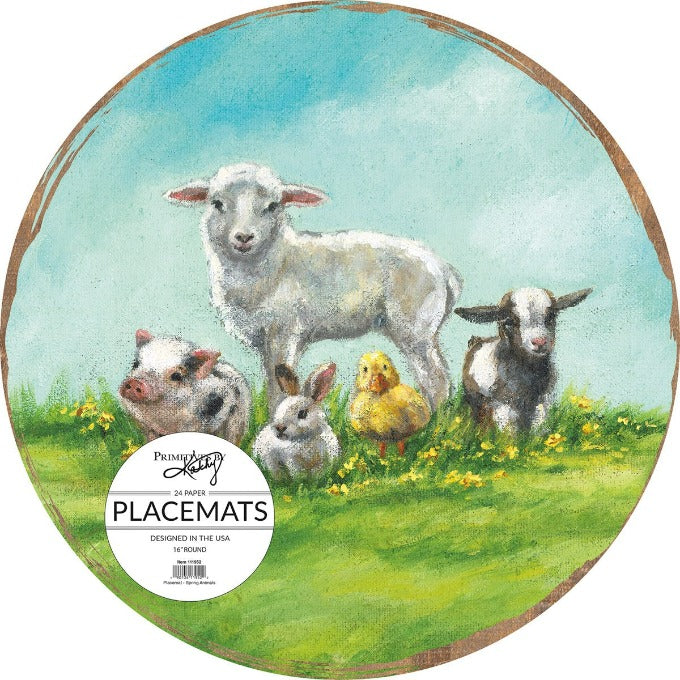 Spring Animal Round Paper Placemats available at Quilted Cabin Home Decor.