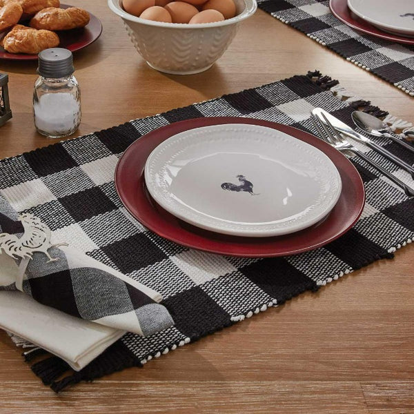 Wicklow check yarn placemats at quilted cabin home decor. Black and White check is shown.