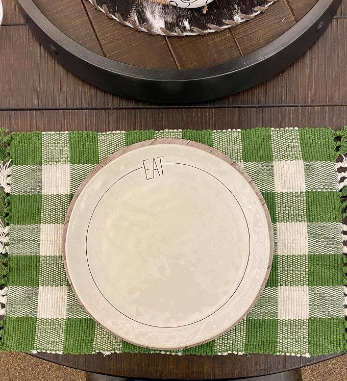 Wicklow check yarn placemats at quilted cabin home decor. Green and white check is shown