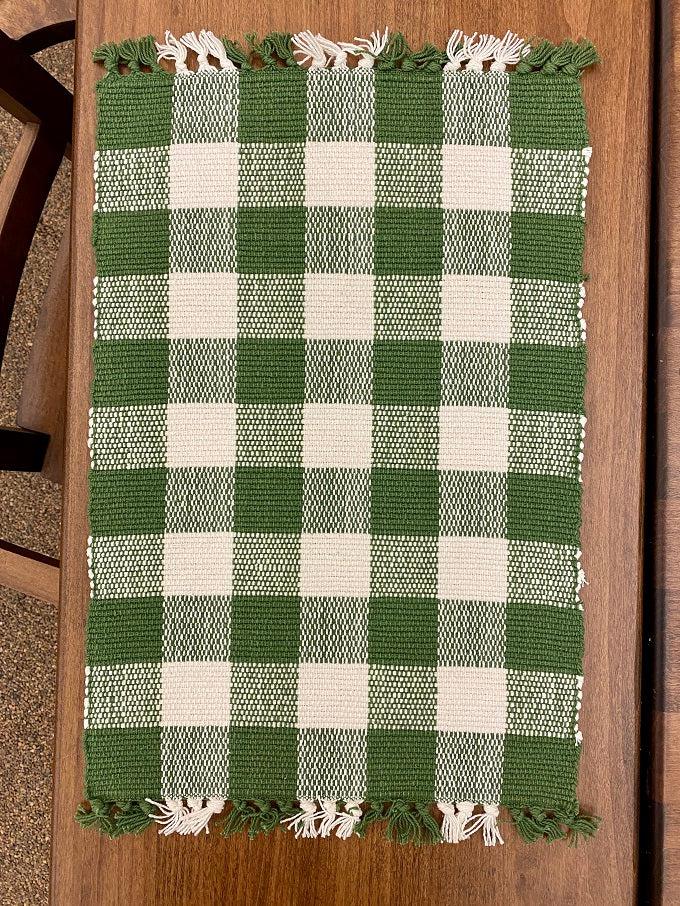 Wicklow check yarn placemats at quilted cabin home decor. Green and White check is shown