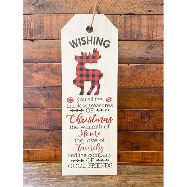 Plaid Deer Christmas Wishes Gift Tag Sign available at quilted Cabin Home Decor.