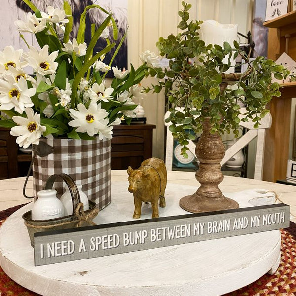 I Need a Speed Bump Between my Brain and My Mouth Shelf Sign available at Quilted Cabin Home Decor.