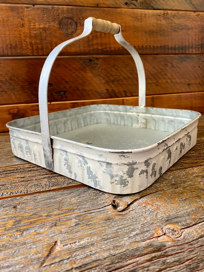 Square White Galvanized Tray with Handle available at Quilted Cabin Home Decor.