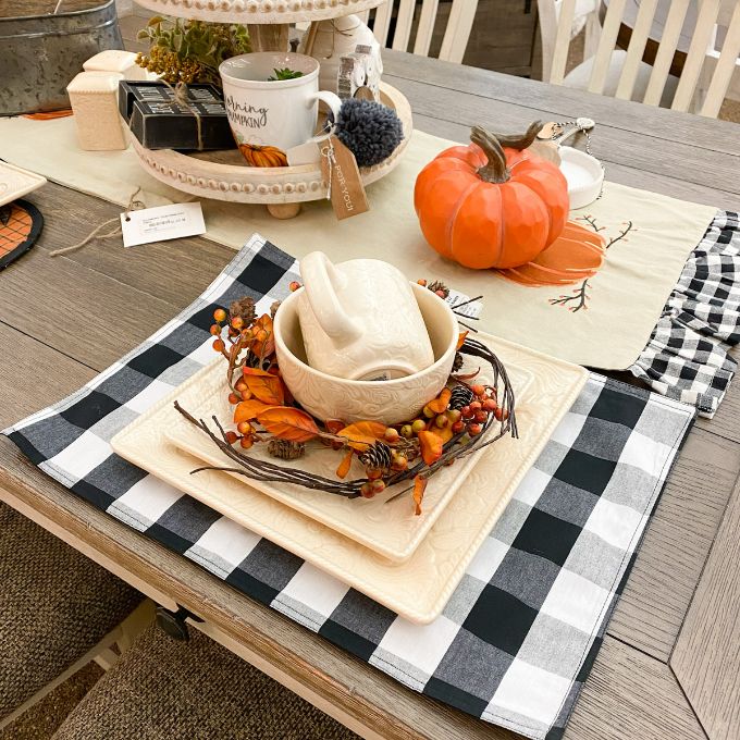 Black and White Plaid Table Runner and Placemats available at Quilted Cabin Home Decor.