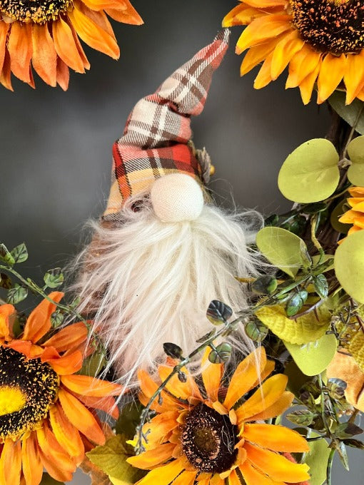 Autumn Sunflower Wreath with Gnome available at Quilted Cabin Home Decor.