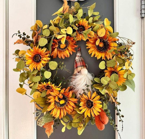 Autumn Sunflower Wreath with Gnome available at Quilted Cabin Home Decor.