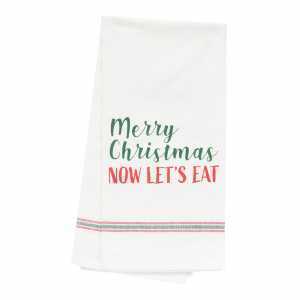 A white farmhouse Christmas dish towel that says Merry Christmas now let's eat.