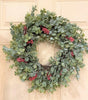 The wreath of the holiday eucalyptus collection. White dusted eucaluptus leaves with red berries incorporated throughout. 