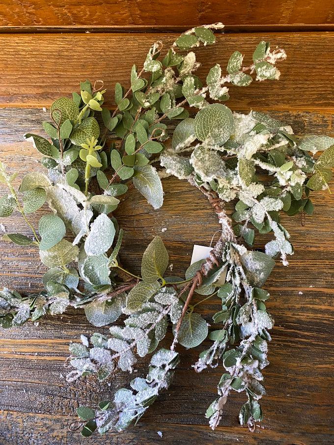 A succulent wreath that is flocked to look like snow has just fallen. It is green and made of different kinds of succulents. This is a smaller wreath that could be used as a candle ring as well.