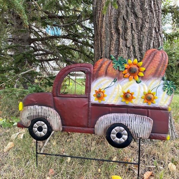 Fall Pumpkin Truck Garden Stake available at Quilted Cabin Home Decor.