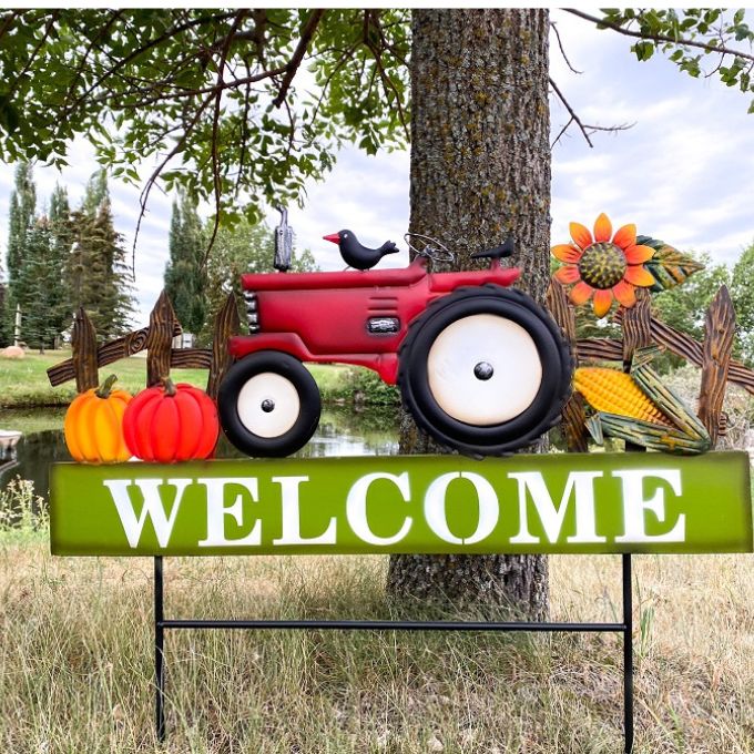 Welcome Tractor Stake available at Quilted Cabin Home Decor