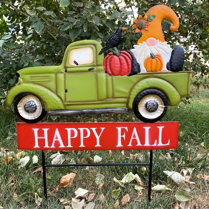 Happy Fall Truck Garden Stake available at Quilted Cabin Home Decor