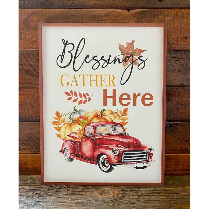 Blessings Gather Here Metal Sign available at Quilted Cabin Home Decor