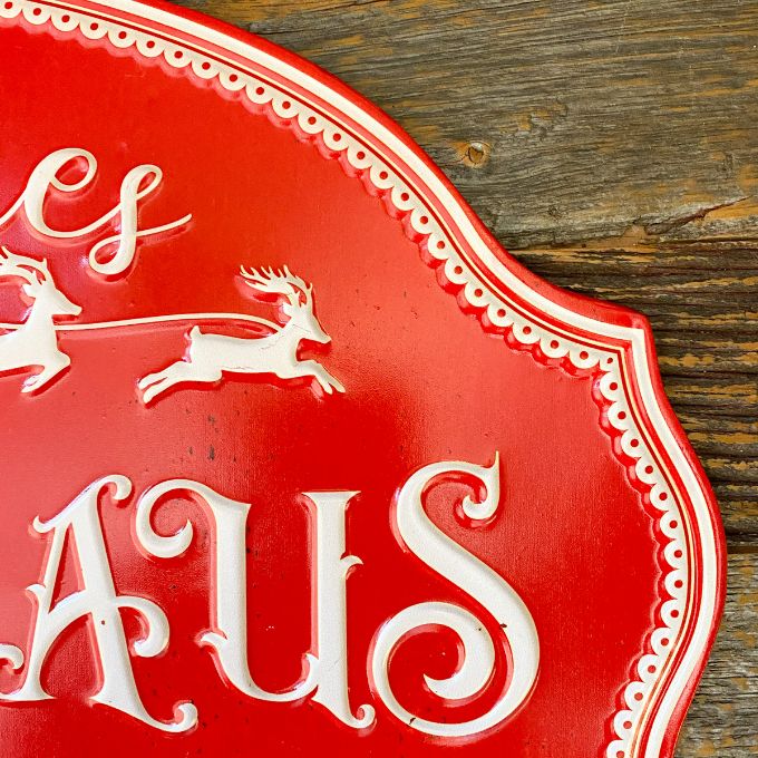 Here Comes Santa Claus Metal Sign available at Quilted Cabin Home Decor.