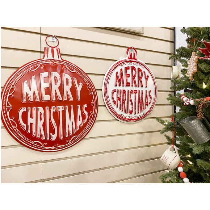 Merry Christmas Ornament Metal Sign - Red available at Quilted Cabin Home Decor.