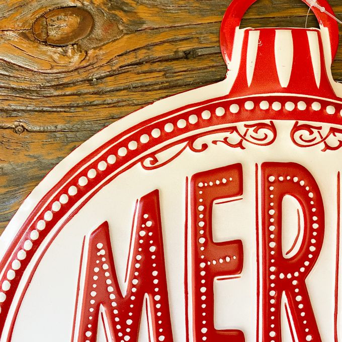 Merry Christmas Ornament Metal Sign - White available at Quilted Cabin Home Decor.