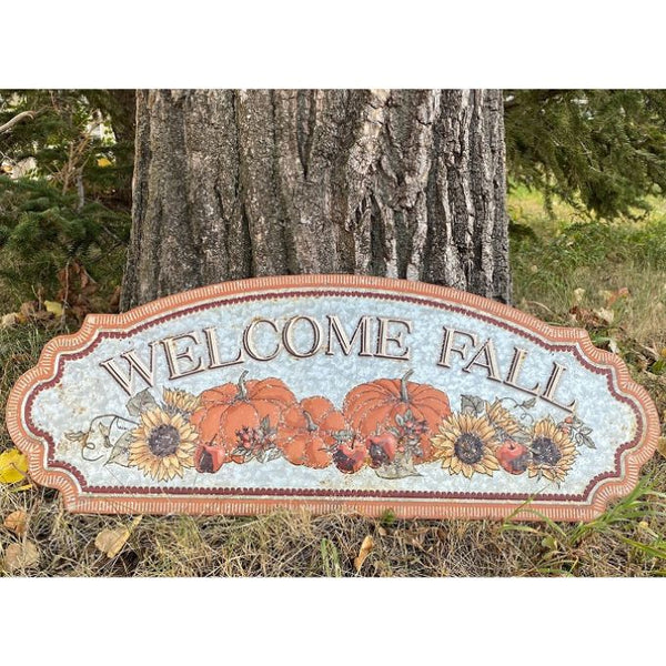 Welcome Fall Metal Sign available at Quilted Cabin Home Decor