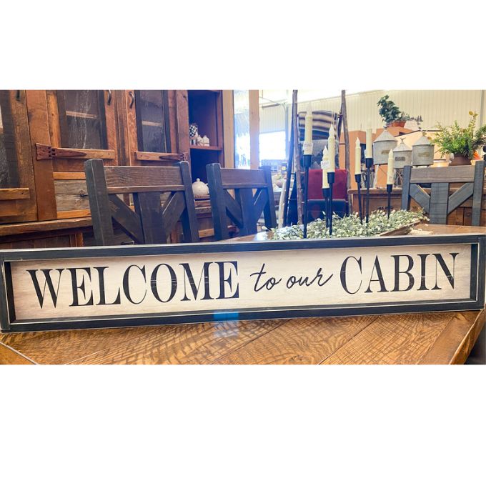 Welcome to Our Cabin Sign available at Quilted Cabin Home Decor.