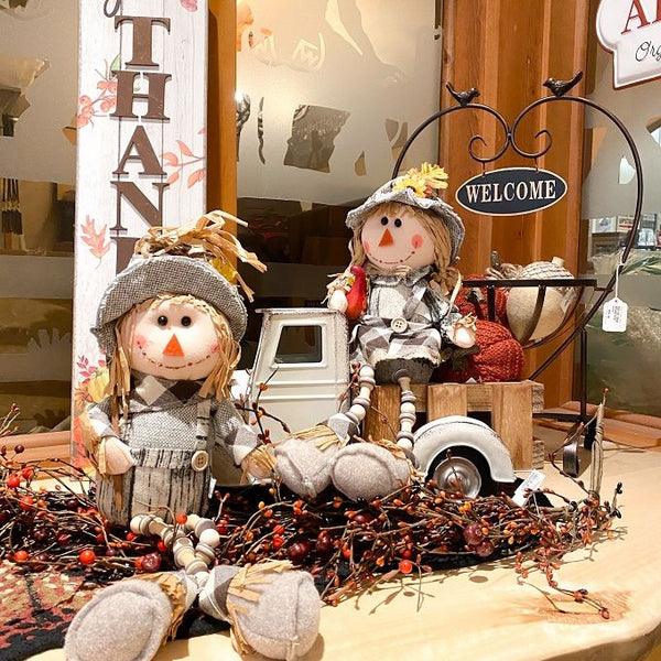 Barn Plaid Button Leg Scarecrows - Two Styles available at Quilted Cabin Home Decor