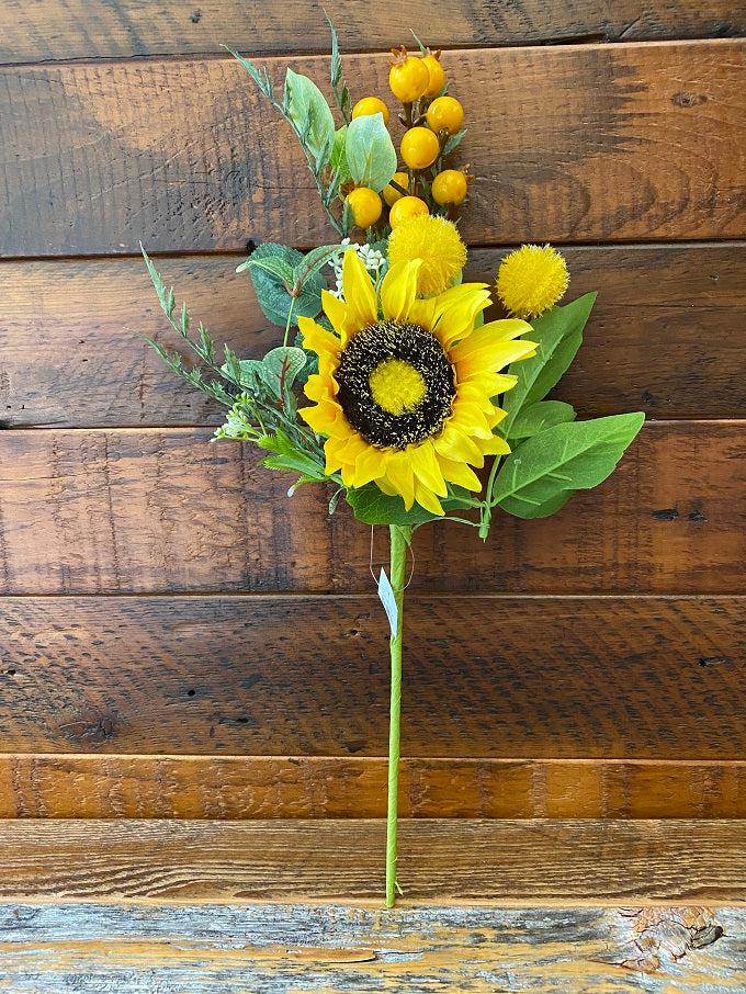 Sunflower floral stem with yellow berries and yellow floral balls. Lots of greenery fills out this farmhouse floral stem.