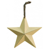 A close up photo of an ivory farmhouse barn star. It is made of metal and can be hung using the green and ivory gingham fabric hanger. It is 5" wide.