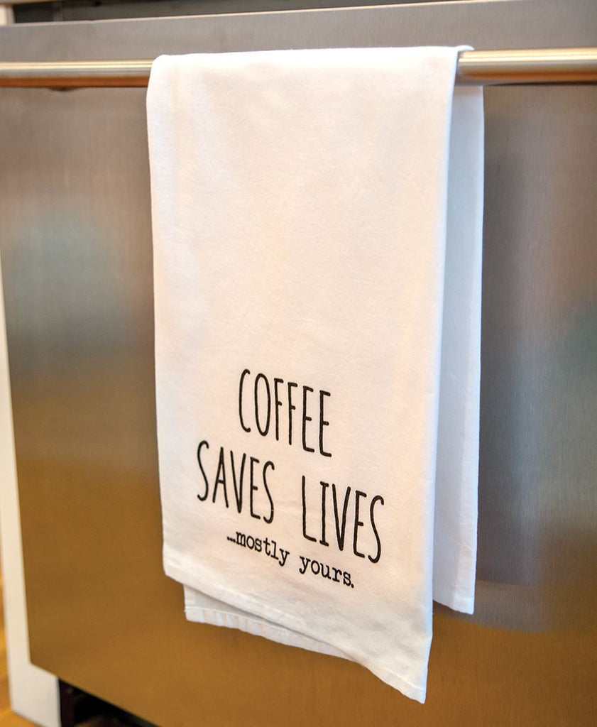 Coffee themed farmhouse kitchen dish towels three styles available at quilted cabin home decor.