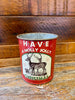 The vintage christmas metal can says Have a holly jolly christmas and has a pair of rendeer on the front. 