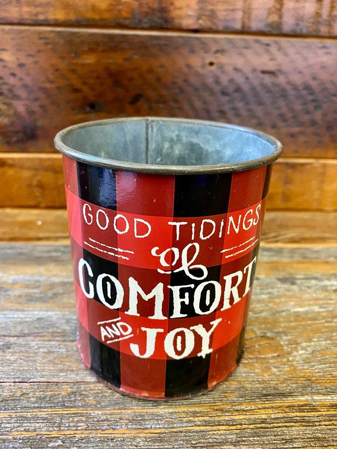 The red and black buffalo plaid vintage christmas metal can that says Good Tidings of Great Joy 