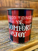 The red and black buffalo plaid vintage christmas metal can that says Good Tidings of Great Joy 