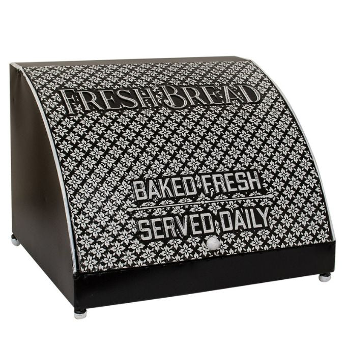 Embossed Metal Black Bread Box available at Quilted Cabin Home Decor