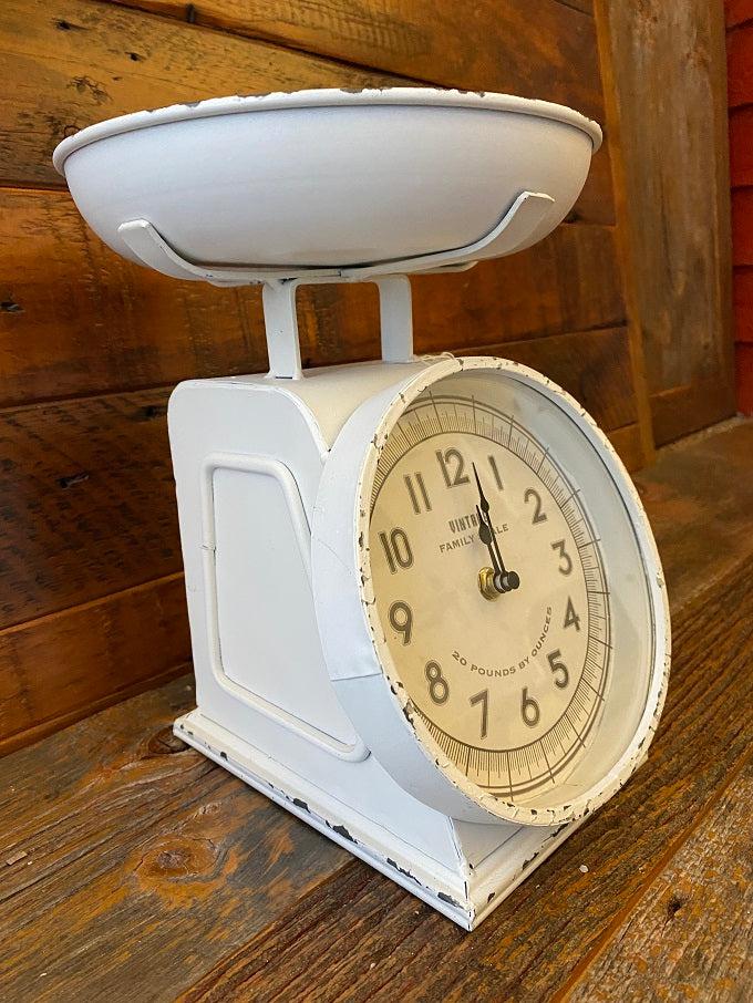 Side view of the Vintage White scale with clock.