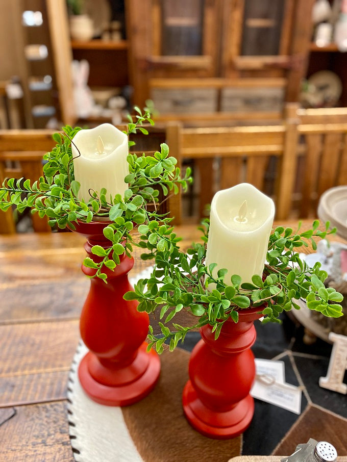 Evergreen Boxwood Candle Ring available at Quilted Cabin Home Decor.