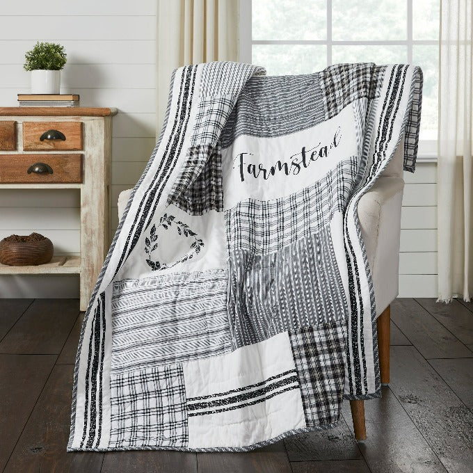 Farmhouse Black Stenciled Patchwork Throw at Quilted Cabin Home Decor.